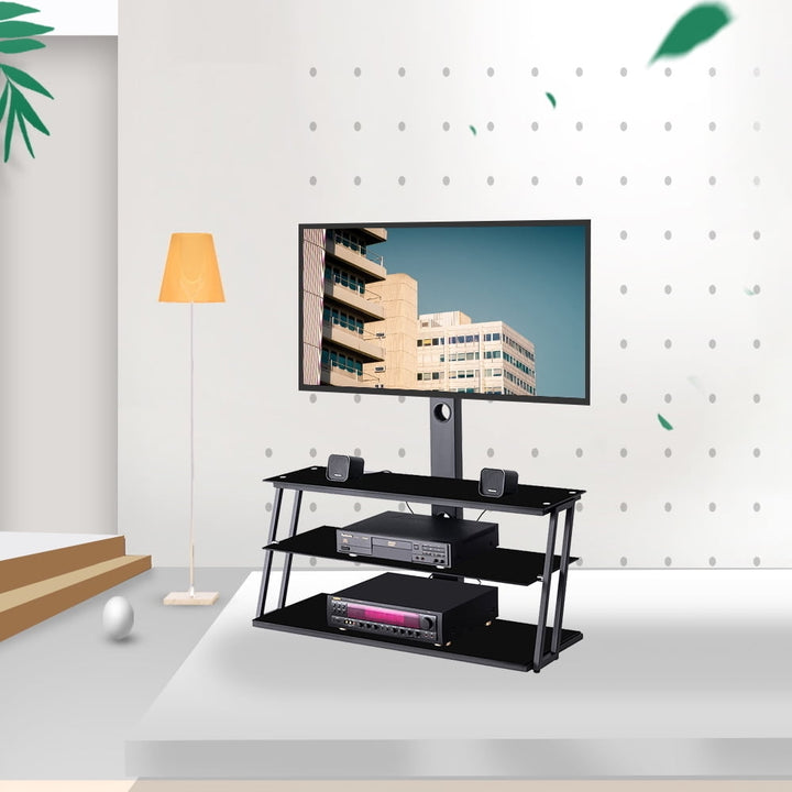 Hommoo Multi-Function Angle and Height Adjustable Tempered Glass TV Stand with 3 Tier - Black Image 3