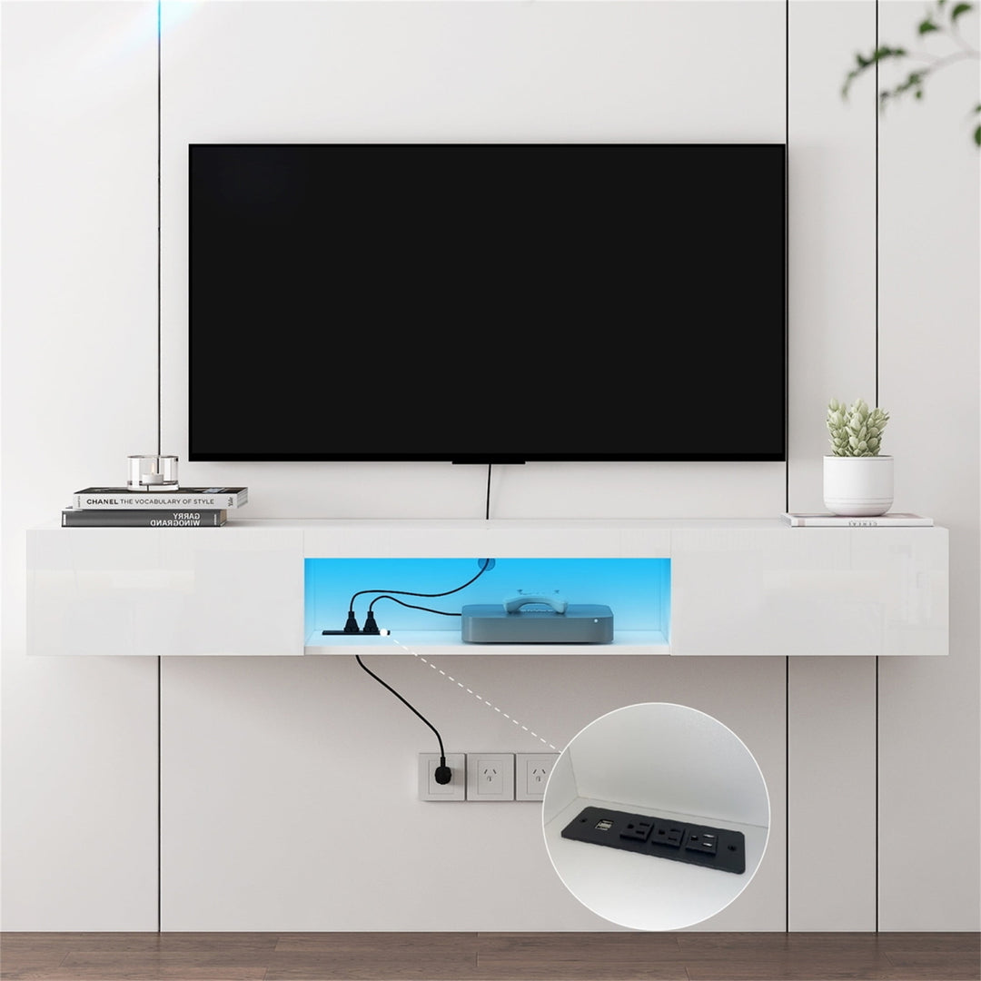 Hommoo Floating TV Stand Wall Mounted with LED Lights and Charging Station, Modern High Gloss Entertainment Center for Image 1