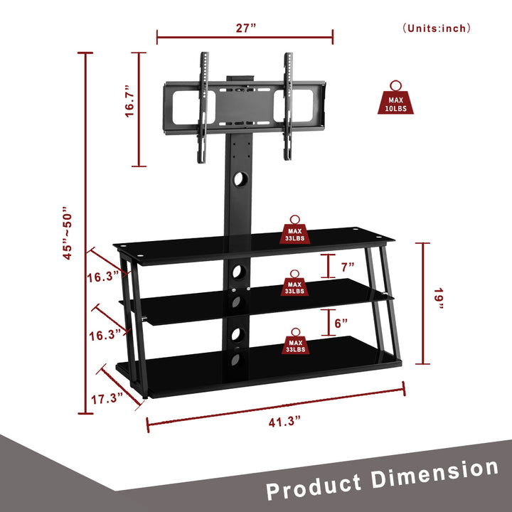 Hommoo Multi-Function Angle and Height Adjustable Tempered Glass TV Stand with 3 Tier - Black Image 5