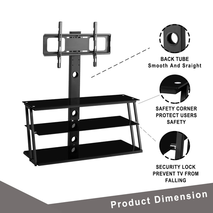 Hommoo Multi-Function Angle and Height Adjustable Tempered Glass TV Stand with 3 Tier - Black Image 6