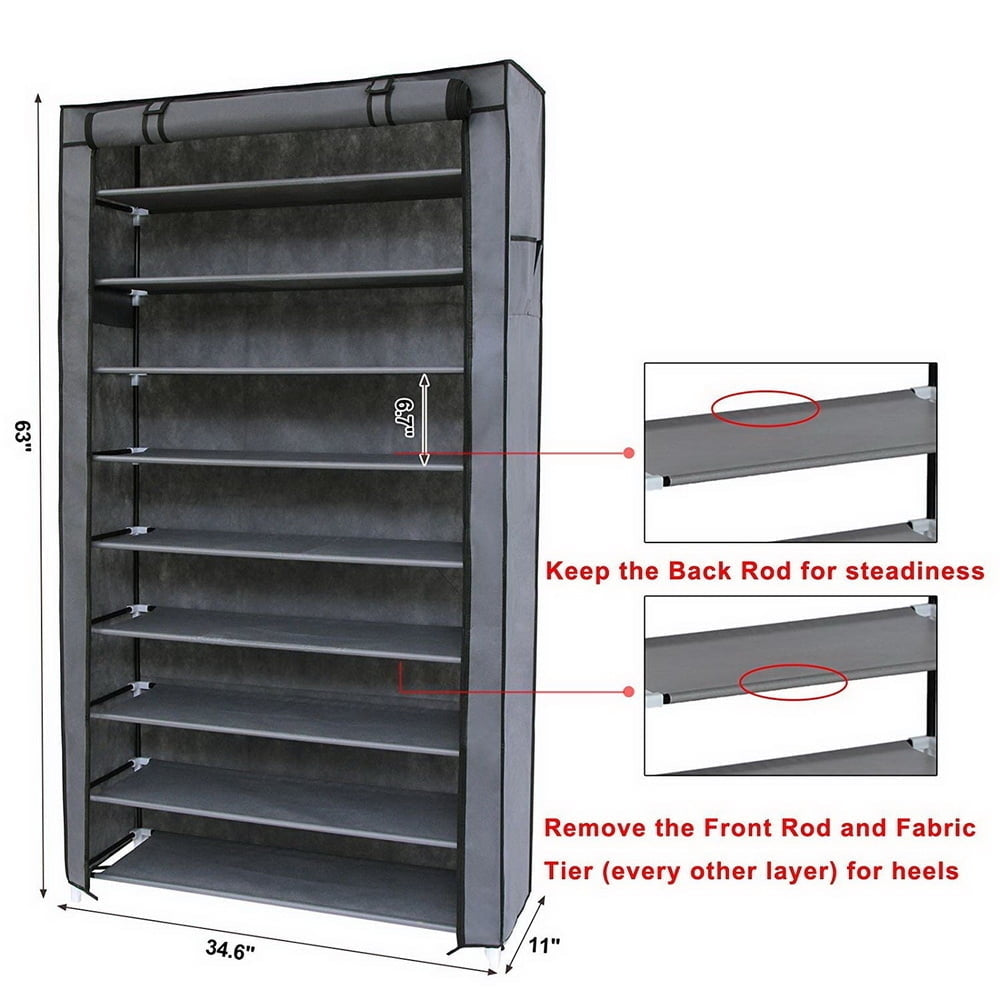 Veryke Shoe Rack, 10 Tiers Shoe Shelf with Dustproof Cover, Shoe Storage Organizer for Entryway, Gray Image 5