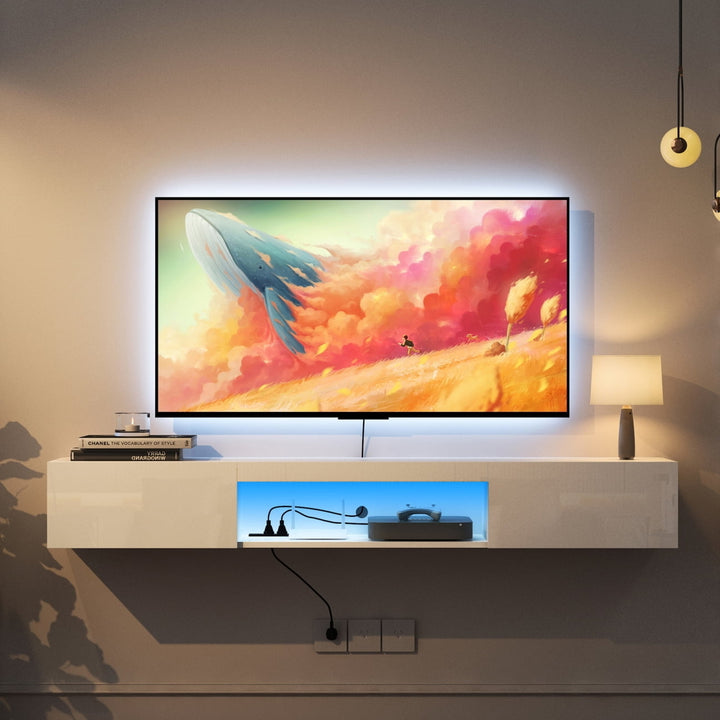 Hommoo Floating TV Stand Wall Mounted with LED Lights and Charging Station, Modern High Gloss Entertainment Center for Image 5