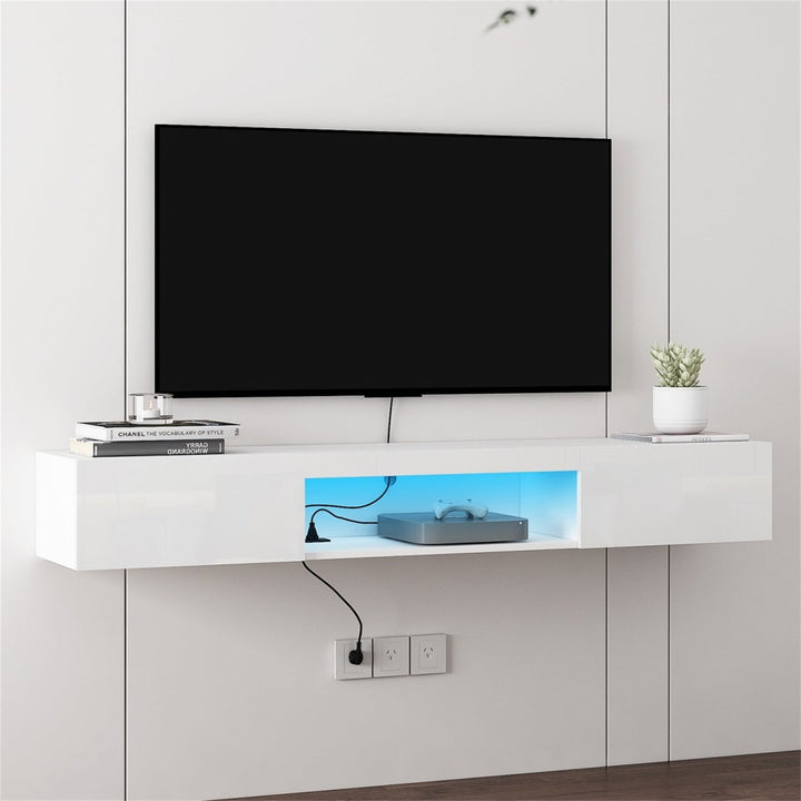 Hommoo Floating TV Stand Wall Mounted with LED Lights and Charging Station, Modern High Gloss Entertainment Center for Image 7