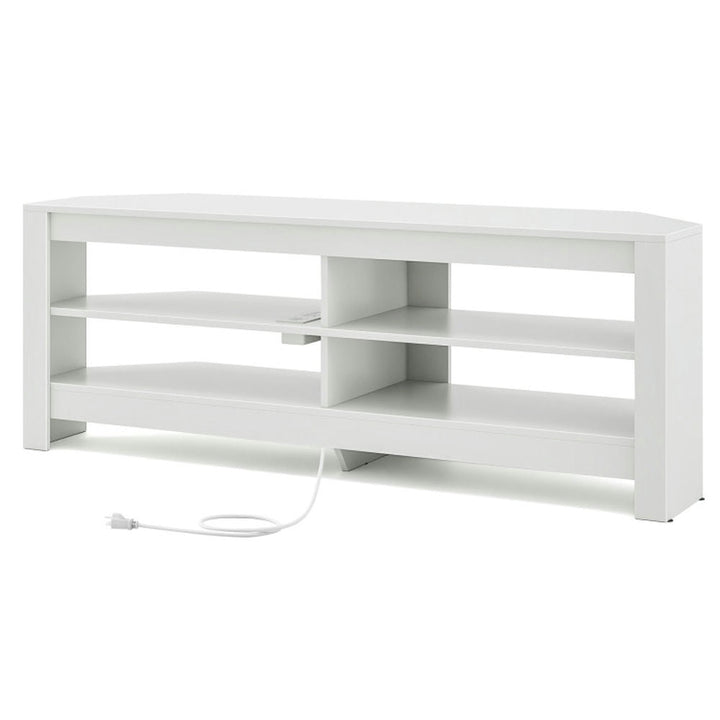 Hommoo Corner TV Stand with Power Outlet and 4 Open Storage Shelves-White, Mid Century Modern TV Stand for Living Room Image 1