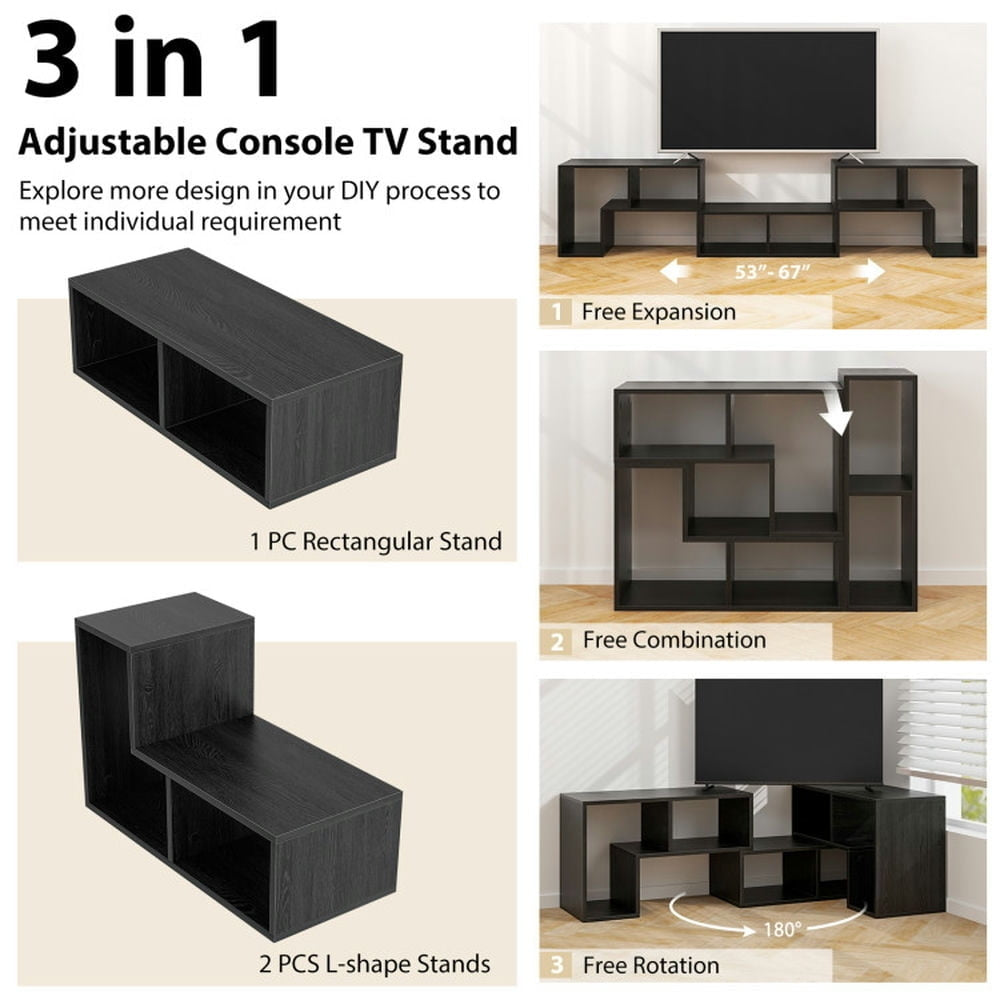 Hommoo Television Console Table,3 Pieces Adjustable TV Stand for TVs up to 65 Inch with Shelves-Mixed Black Image 2