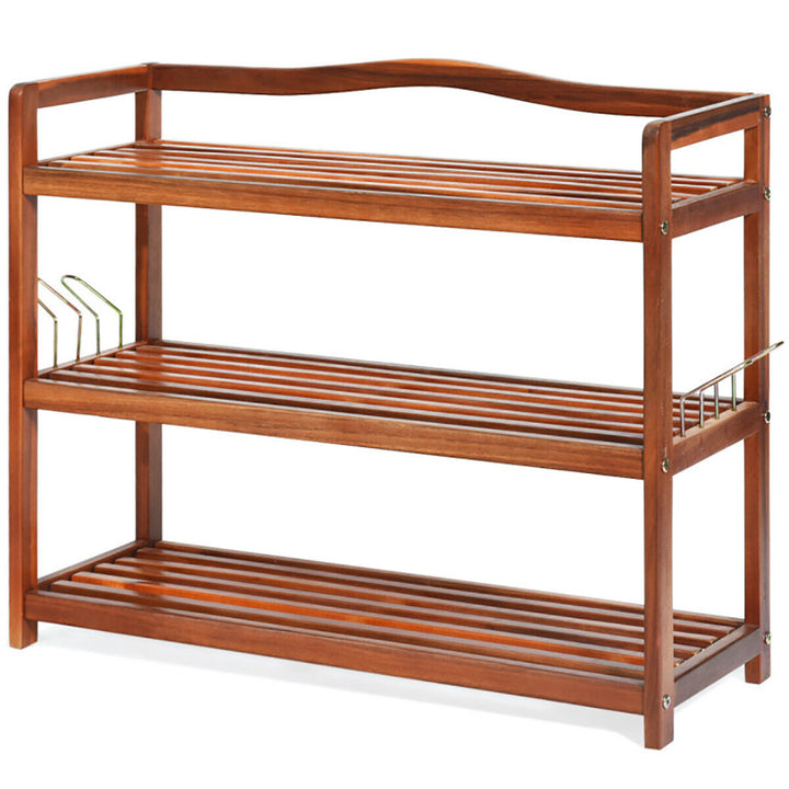 Hommoo 3-Tier Acacia Wood Shoe Rack with Side Metal Hooks, Space-Saving Shoe Rack Organizer for Closet Entryway Image 2