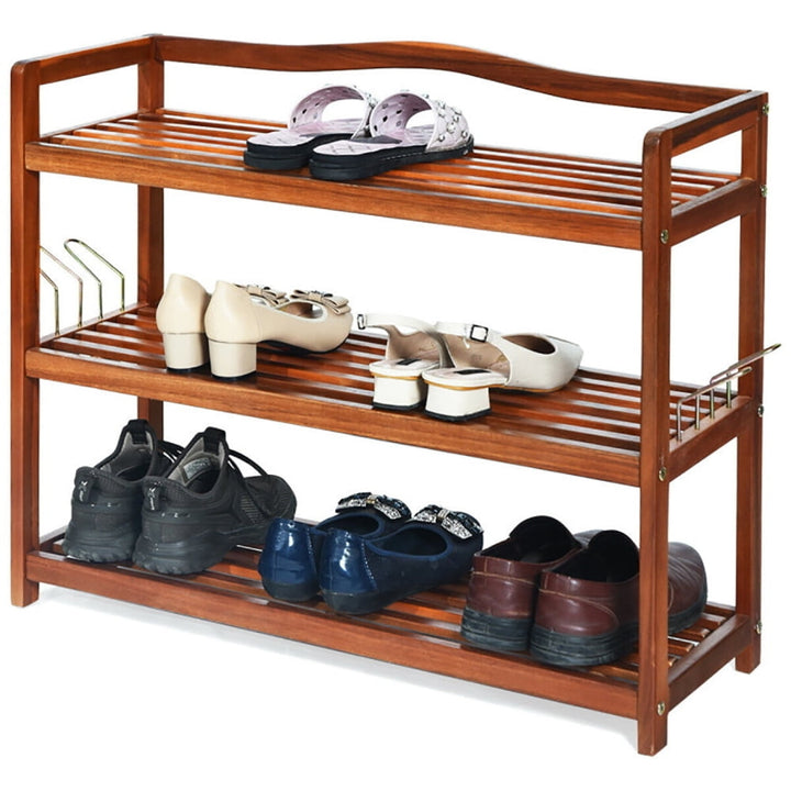 Hommoo 3-Tier Acacia Wood Shoe Rack with Side Metal Hooks, Space-Saving Shoe Rack Organizer for Closet Entryway Image 3