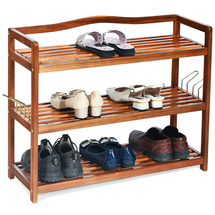 Hommoo 3-Tier Acacia Wood Shoe Rack with Side Metal Hooks, Space-Saving Shoe Rack Organizer for Closet Entryway Image 4