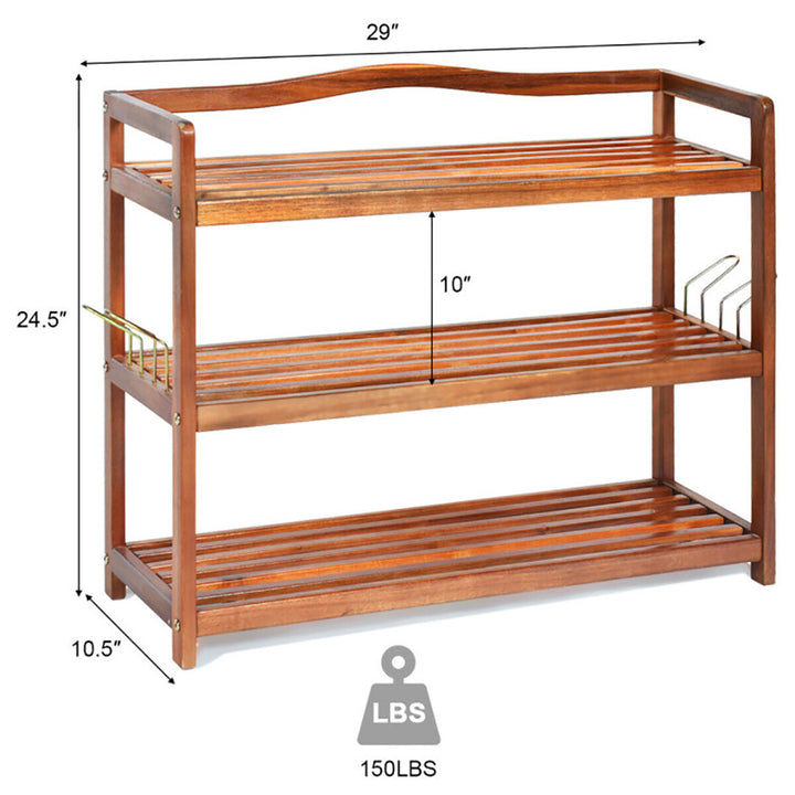 Hommoo 3-Tier Acacia Wood Shoe Rack with Side Metal Hooks, Space-Saving Shoe Rack Organizer for Closet Entryway Image 5