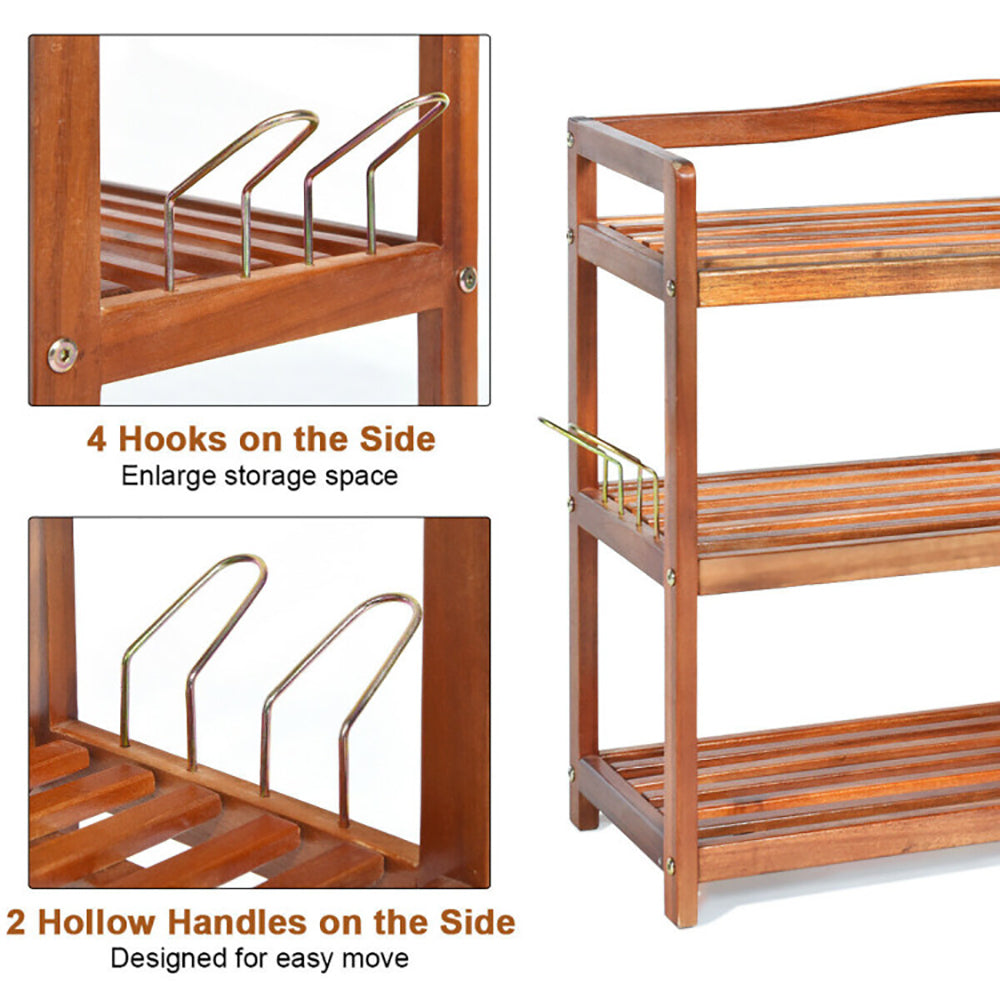 Hommoo 3-Tier Acacia Wood Shoe Rack with Side Metal Hooks, Space-Saving Shoe Rack Organizer for Closet Entryway Image 6