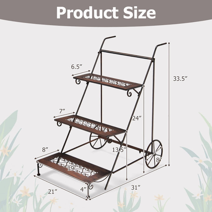 Hommoo Raised Planter Stand, Large Space Flower Rack Shelf,3-Tier Metal Plant Stand with Wheels and Handle for Balcony Image 3