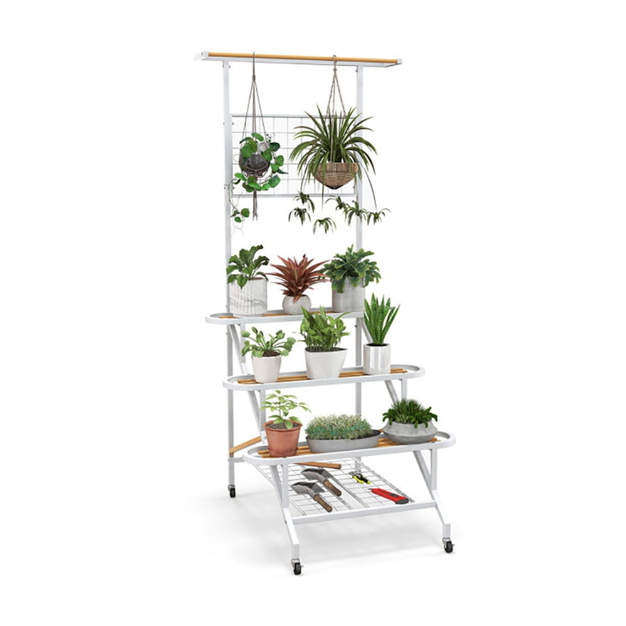 Hommoo Raised Planter Stand, Large Space Flower Rack Shelf,4-Tier Hanging Plant Stand with Hanging Bar Image 1