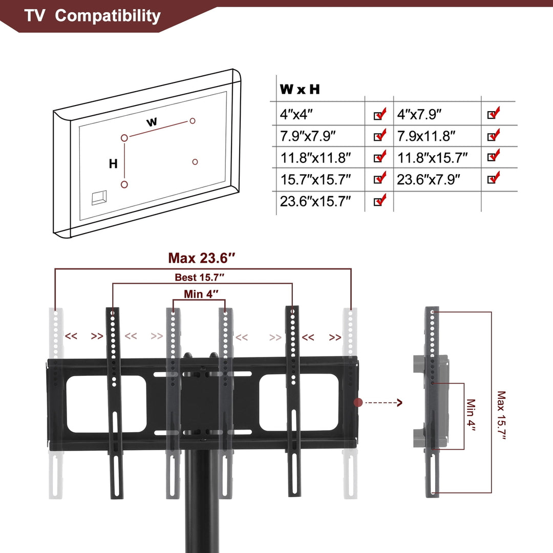 Hommoo Multi-Function TV Stand Height Adjustable Bracket Swivel 3-Tier, Fits 32-65" TV - Black Image 2