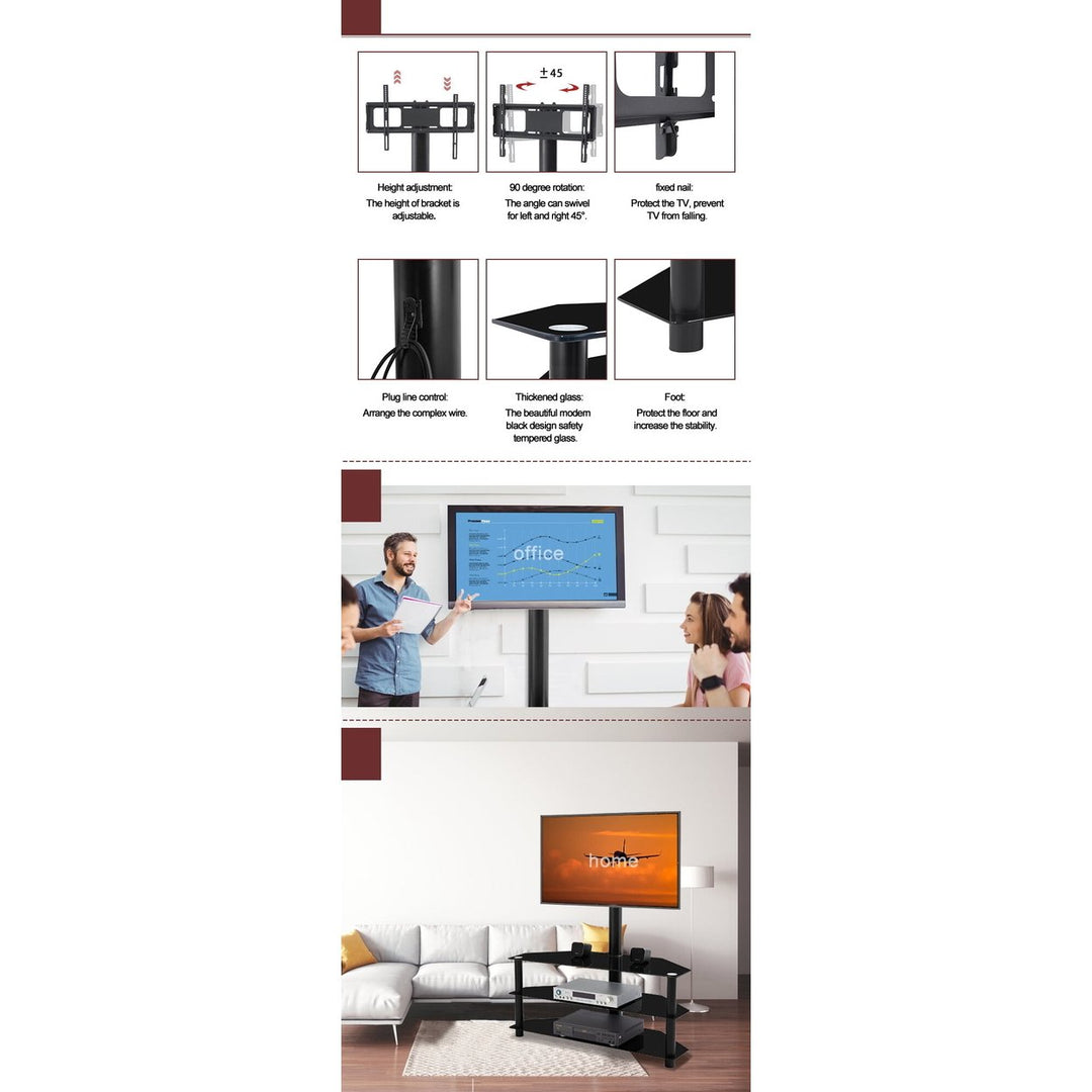 Hommoo Multi-Function TV Stand Height Adjustable Bracket Swivel 3-Tier, Fits 32-65" TV - Black Image 3