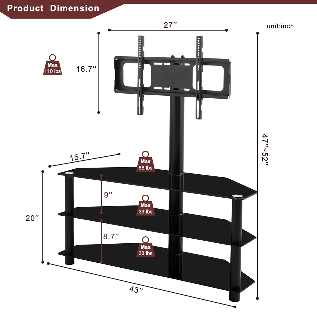 Hommoo Multi-Function TV Stand Height Adjustable Bracket Swivel 3-Tier, Fits 32-65" TV - Black Image 4