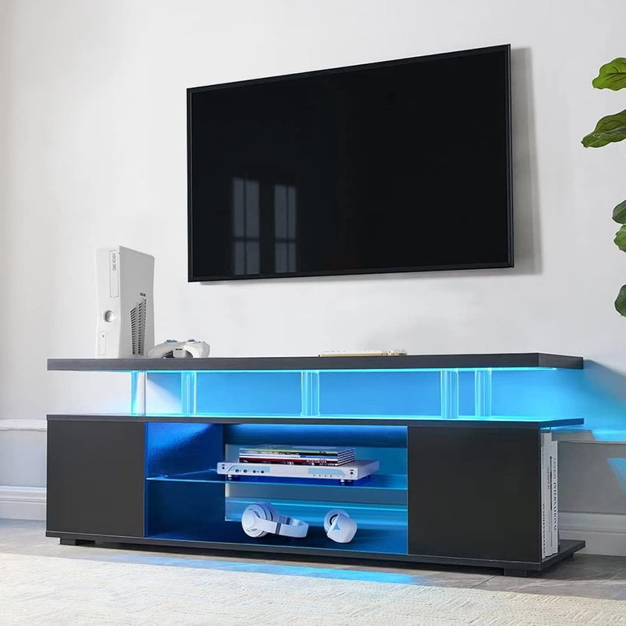 Hommoo LED TV Stand, Black, Modern Entertainment Center, High-Quality Hardware, 3 Hidden Spaces, 63"L x 21"H Image 1