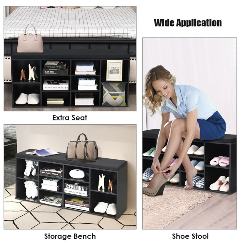 Hommoo 10-Cube Organizer Shoe Storage Bench with Cushion for Entryway-Black, Space-Saving Shoe Rack Organizer for Closet Image 7