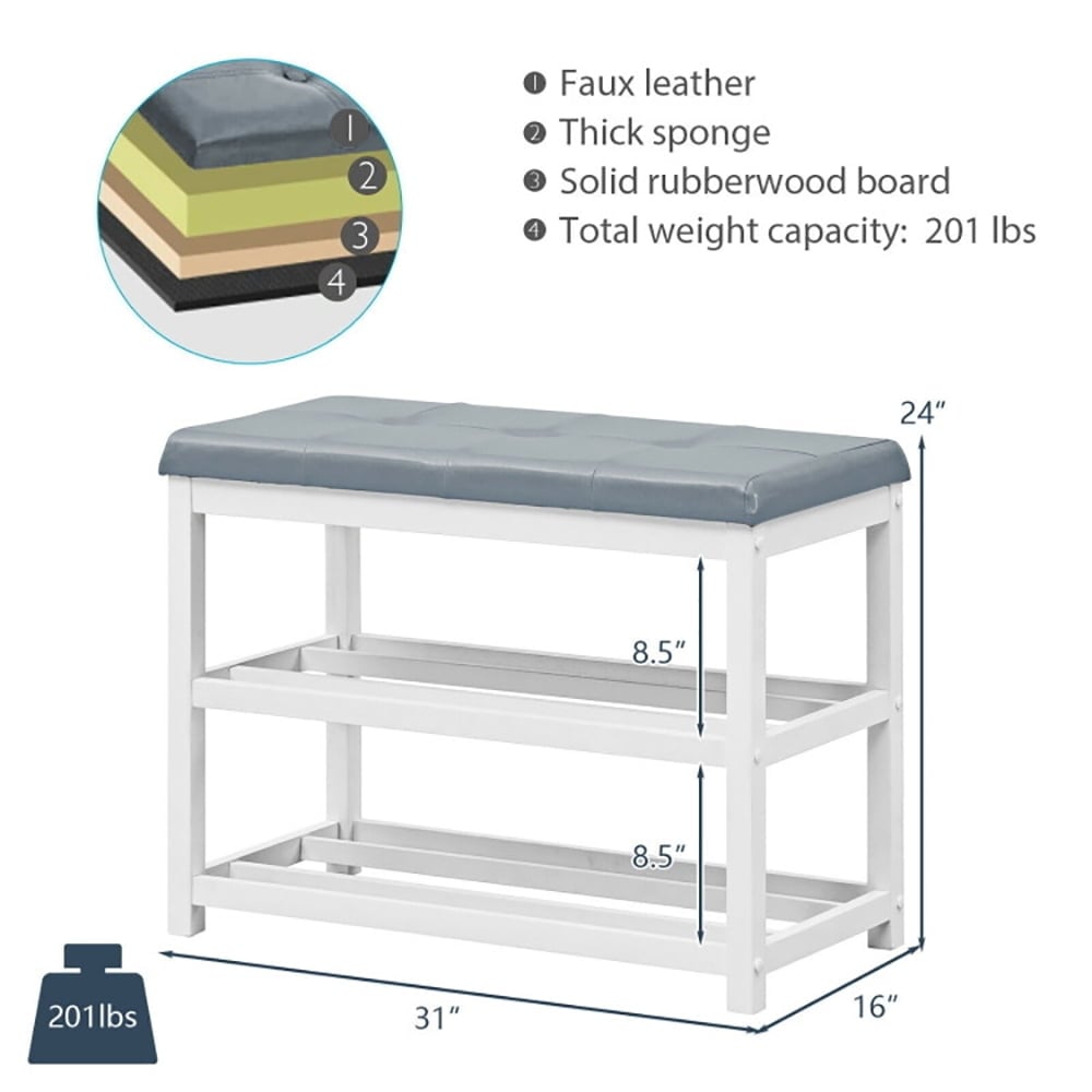 Hommoo 2-Tier Wooden Shoe Rack Bench with Padded Seat-White, Space-Saving Shoe Rack Organizer for Closet Entryway Image 6