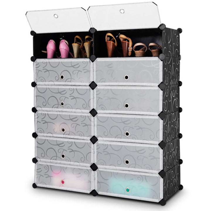 Hommoo 12-Cube DIY Portable Plastic Shoe Rack with Transparent Doors-Black, Space-Saving Shoe Rack Organizer for Closet Image 5