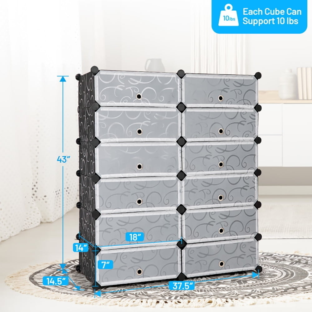 Hommoo 12-Cube DIY Portable Plastic Shoe Rack with Transparent Doors-Black, Space-Saving Shoe Rack Organizer for Closet Image 6