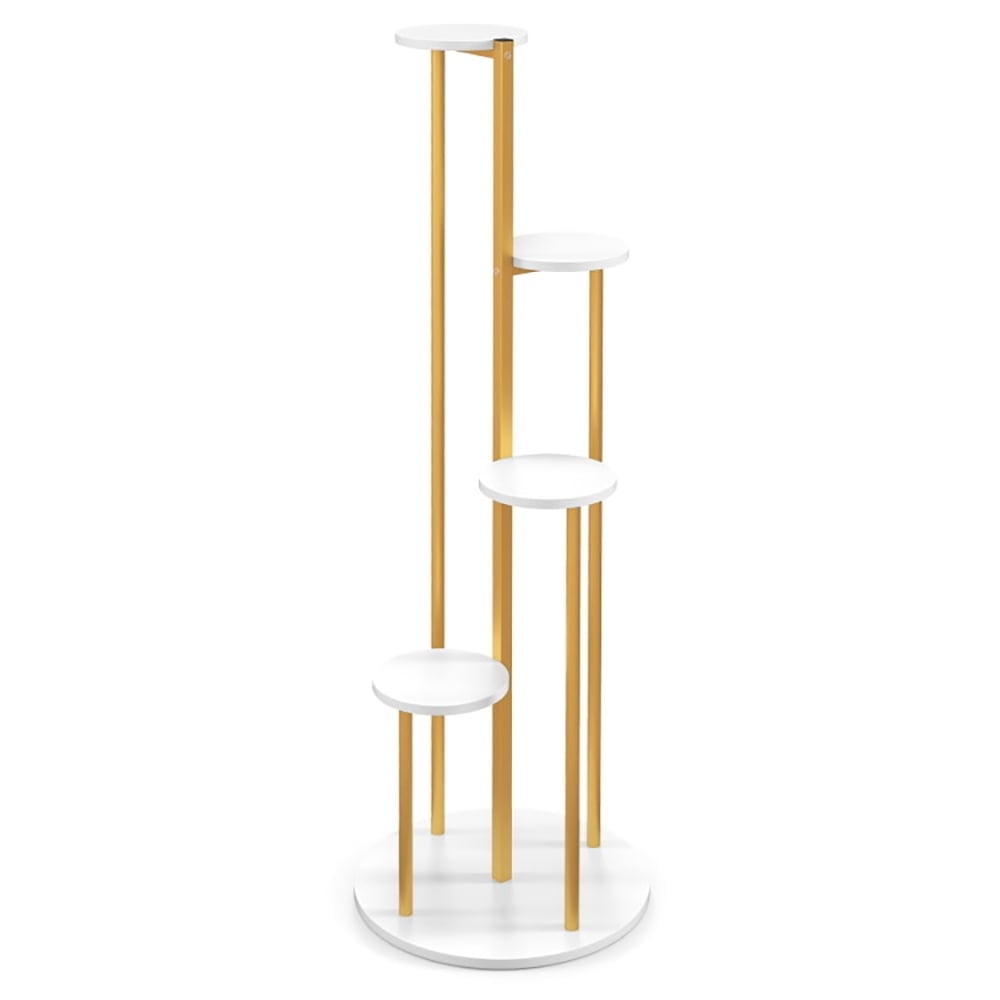 Hommoo Raised Planter Stand, Indoor Metal Plant Stand Corner Plant Shelf for Potted Plant with Golden Metal Frame-White Image 1