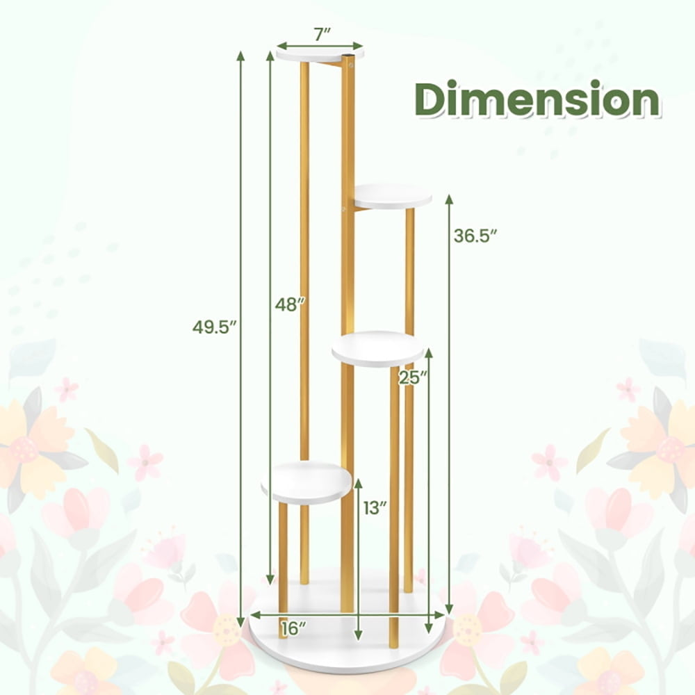 Hommoo Raised Planter Stand, Indoor Metal Plant Stand Corner Plant Shelf for Potted Plant with Golden Metal Frame-White Image 4