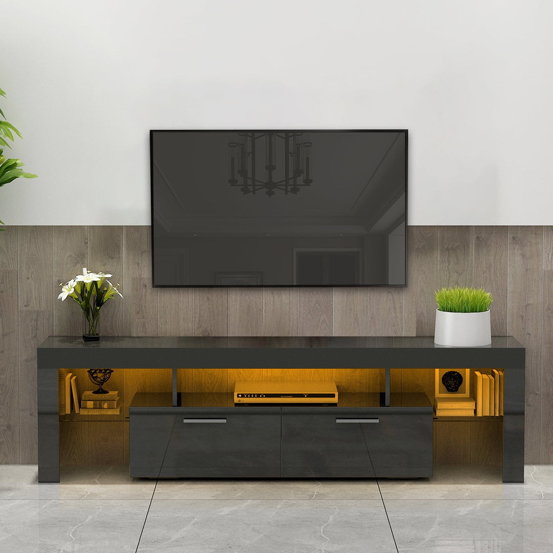 Hommoo Modern LED TV Stand with Open Storage and 2 Cabinet, Black Image 1