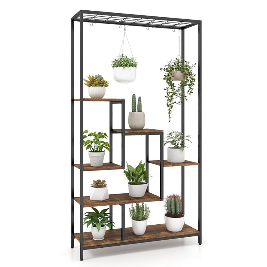 Hommoo Raised Planter Stand, 6-Tier Tall Plant Stand 71" Metal Indoor Plant Shelf with 10 Hanging Hooks-Rustic Brown Image 1