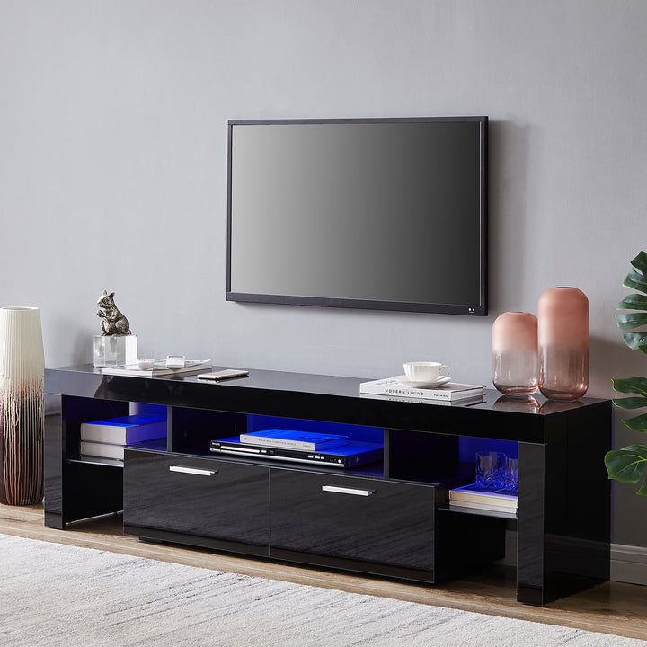 Hommoo Modern LED TV Stand with Open Storage and 2 Cabinet, Black Image 4