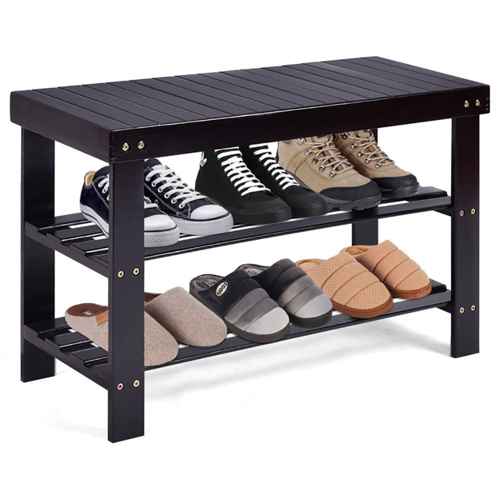 Hommoo 3 Tier Bamboo Bench Storage Shoe Shelf-Black, Space-Saving Shoe Rack Organizer for Closet Entryway Image 3