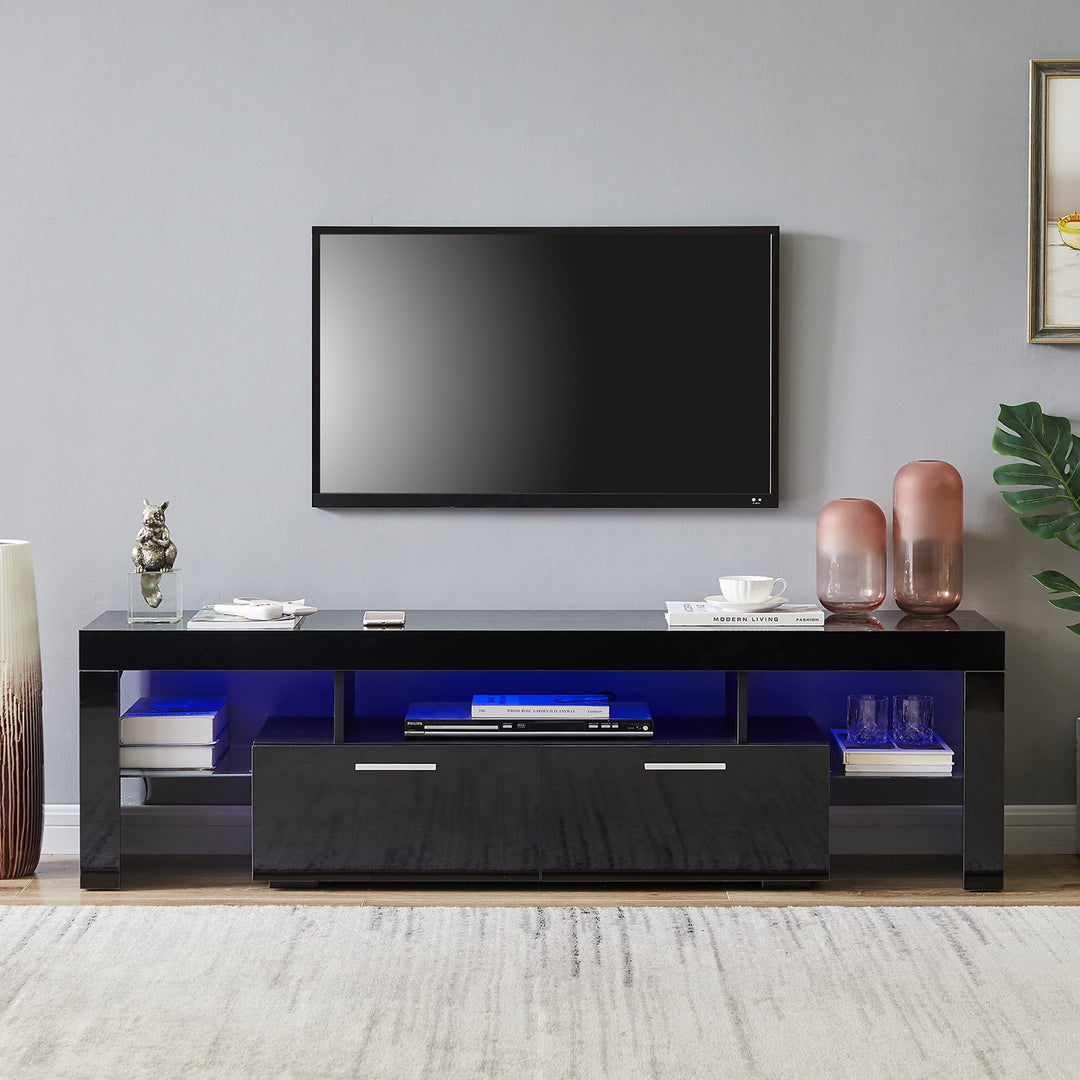 Hommoo Modern LED TV Stand with Open Storage and 2 Cabinet, Black Image 6