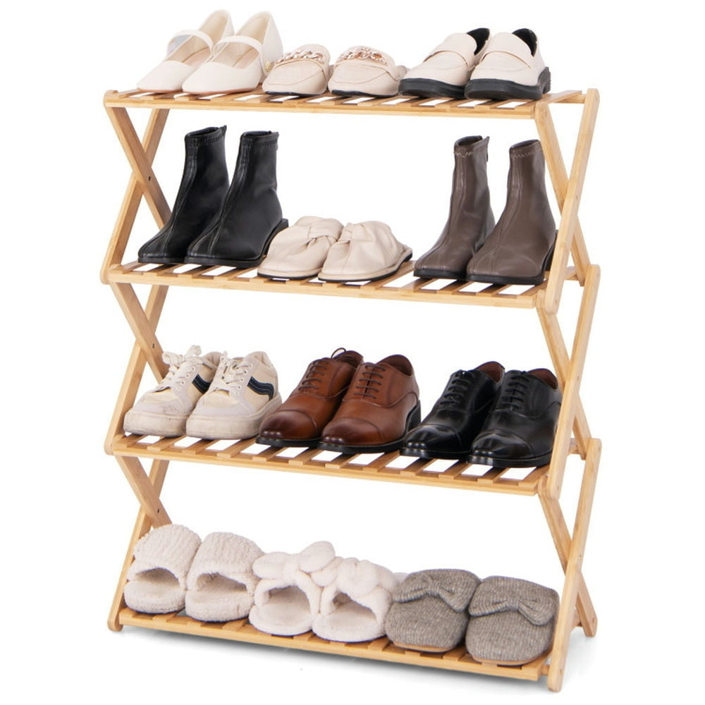 Hommoo Shoe Shelf, Storage Rack, 4-Tier Foldable Bamboo Shoe Rack with Slatted Shelves-Natural Image 4