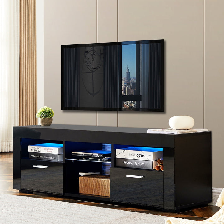 Hommoo High Glossy LED TV Entertainment Center, Modern TV Stand with Storage Shelves and Drawers, Black Image 1