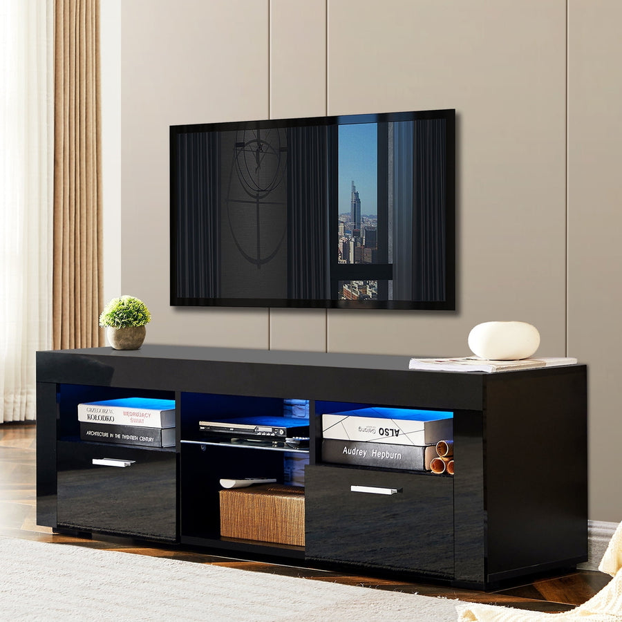 Hommoo High Glossy LED TV Entertainment Center, Modern TV Stand with Storage Shelves and Drawers, Black Image 1