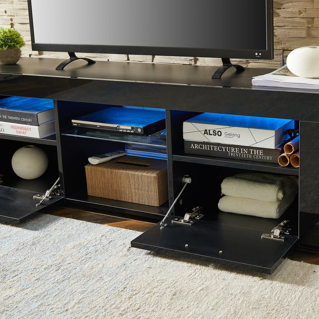 Hommoo High Glossy LED TV Entertainment Center, Modern TV Stand with Storage Shelves and Drawers, Black Image 3