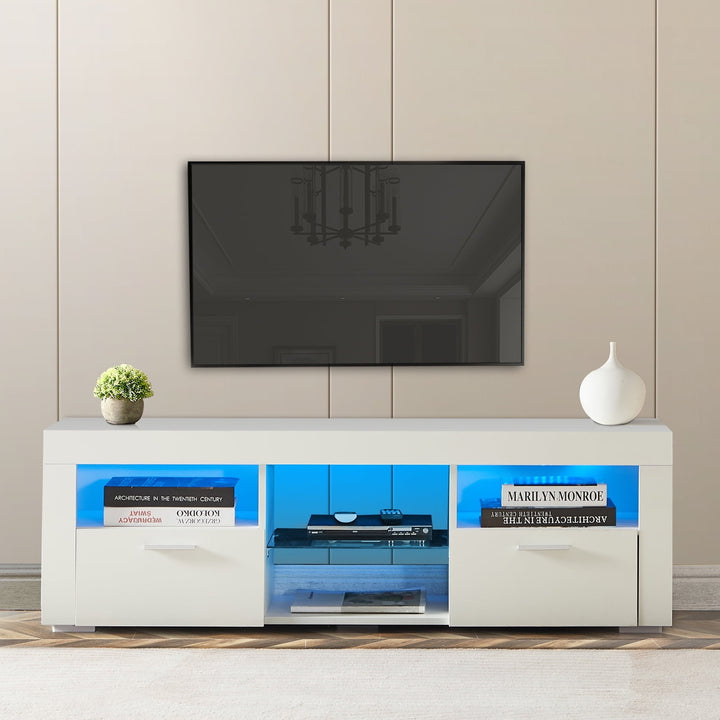 Hommoo Modern High Glossy LED TV Stand for TV Up to 55", TV Entertainment Center with Storage Shelves and Drawers, White Image 1