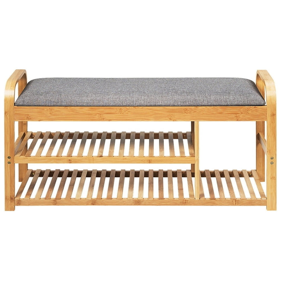 Hommoo 3-Tier Bamboo Shoe Rack Bench with Cushion-Natural, Space-Saving Shoe Rack Organizer for Closet Entryway Image 1