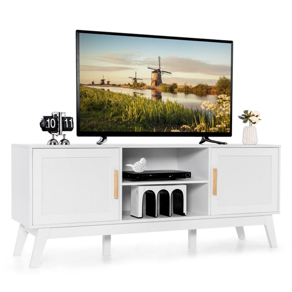 Hommoo Entertainment Centers,TV Stands,TV Stand Entertainment Media Console with 2 Rattan Cabinets and Open Image 1