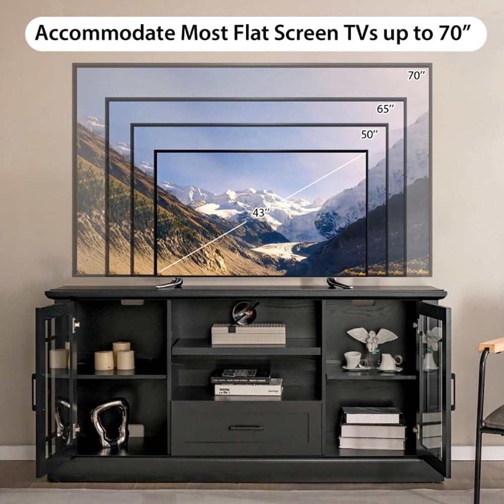 Hommoo TV Stand for TVs up to 70 with Glass Doors Cubbies and Drawer-Black, Mid Century Modern TV Stand for Living Room Image 5