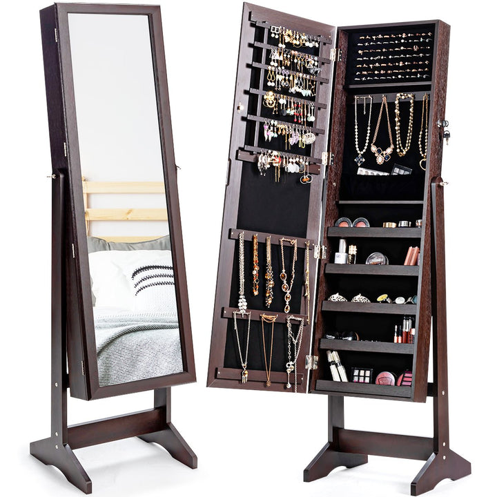 Costway Jewelry Cabinet Stand Mirror Armoire Lockable Organizer Large Storage Box White\Black\Brown Image 7