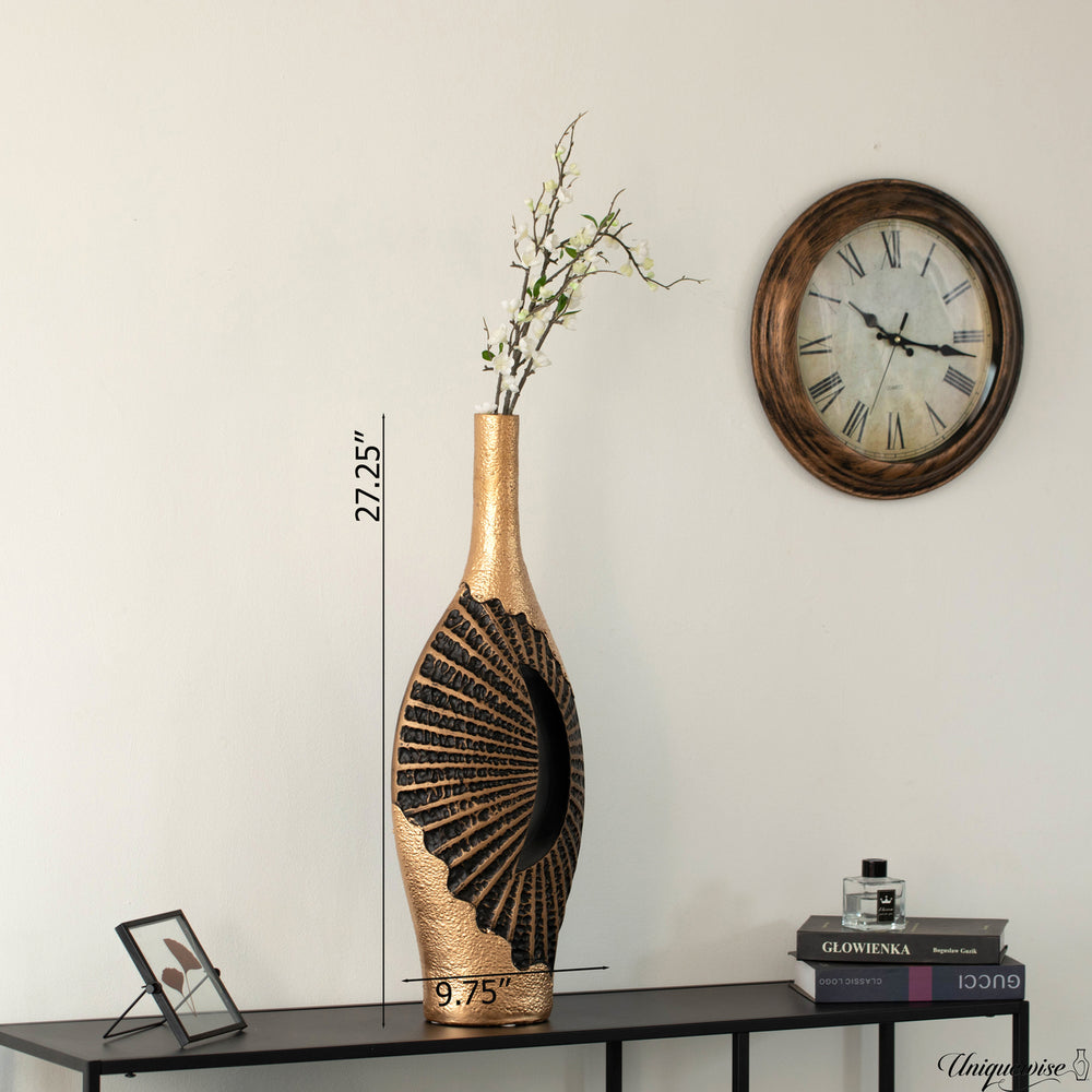 27-Inch Fiberglass Vintage Farmhouse Floor Vase, Boho Wedding Centerpiece - Unique Black and Gold Rustic Design Tall Image 2