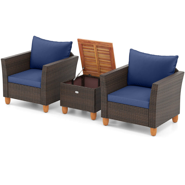 Costway 3PCS Patio Wicker Rattan Sofa Set Furniture Acacia Wood Conversation Grey/Red/Turquoise/Navy/Black/Mix Brown Image 1