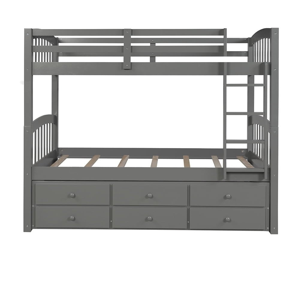 Hommoo Bunk Bed Frame, Twin Bunk Bed with Ladder, Safety Rail, Twin Trundle Bed with 3 Drawers for Bedroom, Gray Image 1