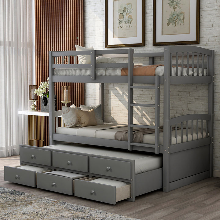 Hommoo Bunk Bed Frame, Twin Bunk Bed with Ladder, Safety Rail, Twin Trundle Bed with 3 Drawers for Bedroom, Gray Image 2