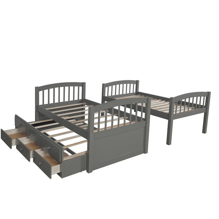 Hommoo Bunk Bed Frame, Twin Bunk Bed with Ladder, Safety Rail, Twin Trundle Bed with 3 Drawers for Bedroom, Gray Image 3