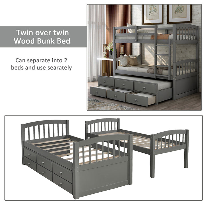 Hommoo Bunk Bed Frame, Twin Bunk Bed with Ladder, Safety Rail, Twin Trundle Bed with 3 Drawers for Bedroom, Gray Image 6