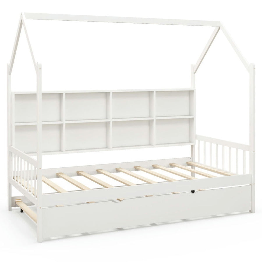 Hommoo Twin Size Kids Montessori Daybed with Roof and Shelf Compartments-White, Toddler Bed Frame for Sleeping and Image 1