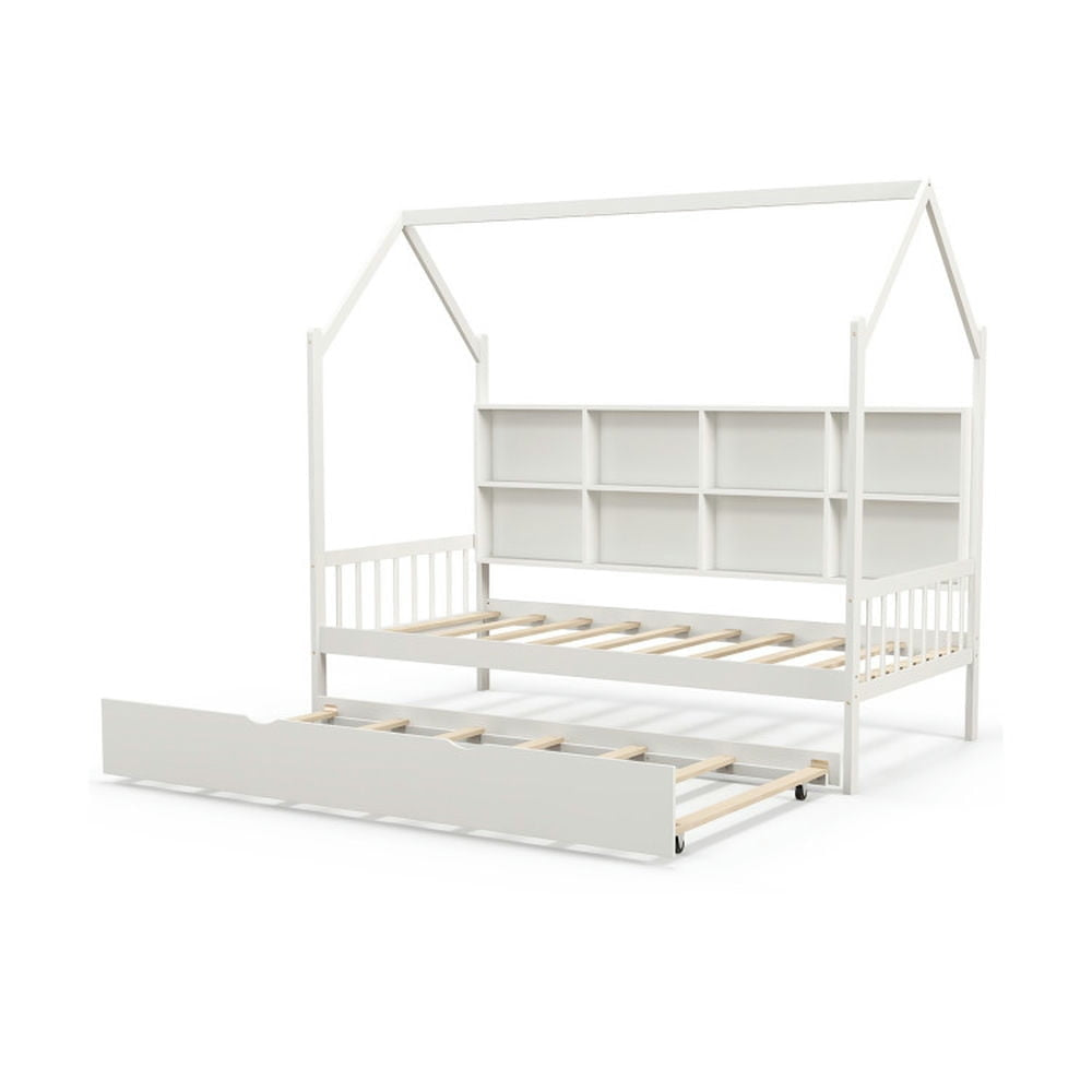 Hommoo Twin Size Kids Montessori Daybed with Roof and Shelf Compartments-White, Toddler Bed Frame for Sleeping and Image 2