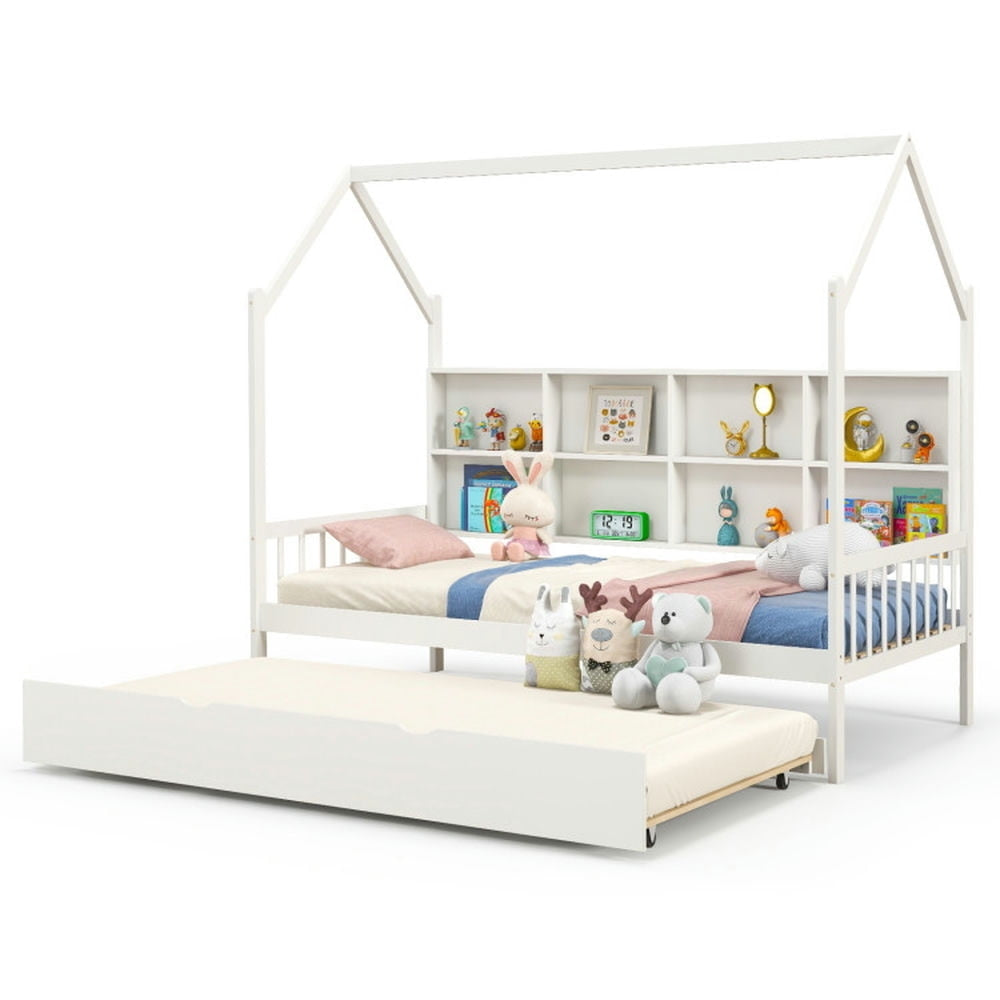 Hommoo Twin Size Kids Montessori Daybed with Roof and Shelf Compartments-White, Toddler Bed Frame for Sleeping and Image 4