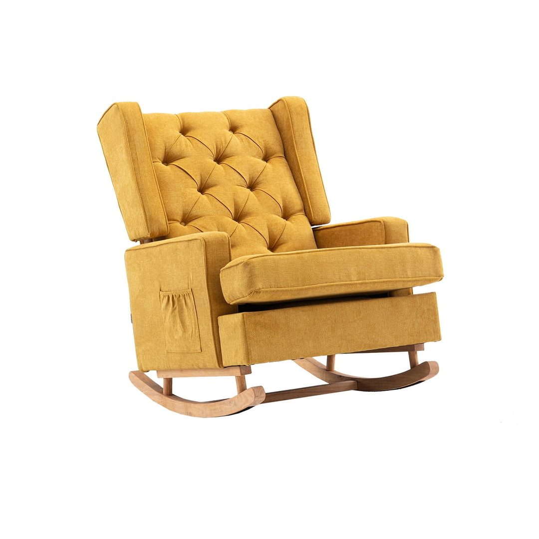 Hommoo Living Room Rocking Chair, Comfortable Fabric Rocker Padded Seat Wood Base, Yellow Image 7